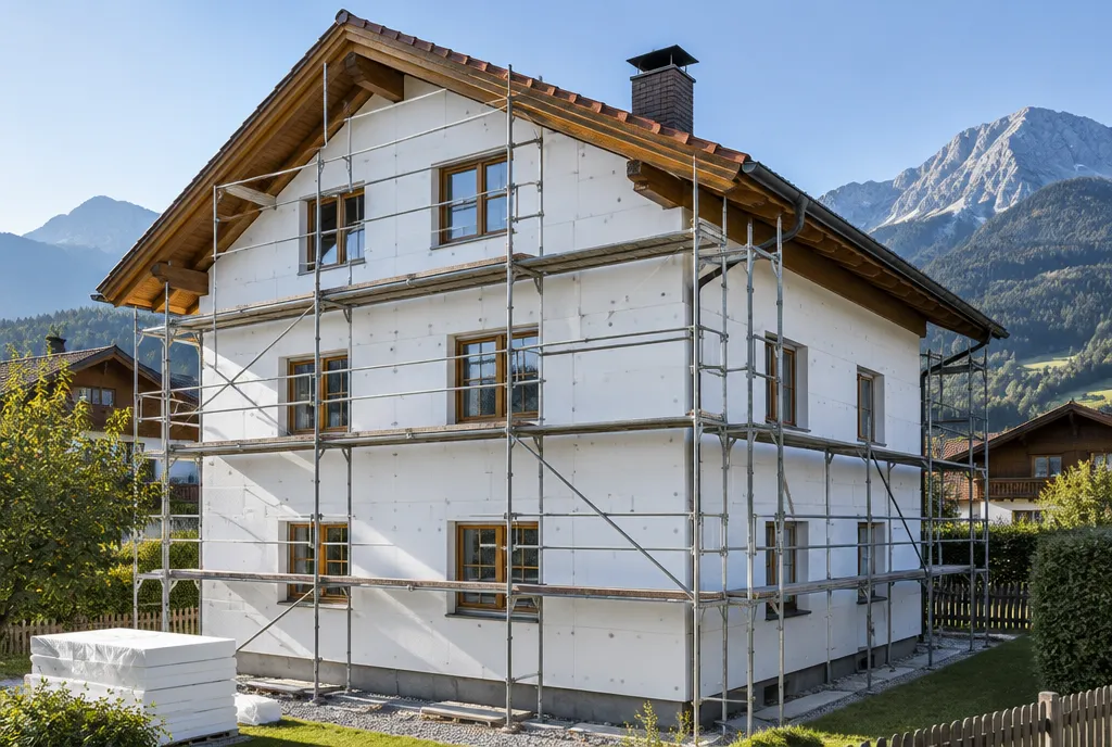 Wohnhaus mit frisch angebrachten Dämmplatten und Gerüst, dahinter die Berge