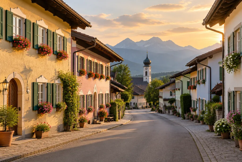 Straßenzug mit frisch gestrichenen Fassaden im Abendlicht, am Ende ein Kirchturm und die Alpen