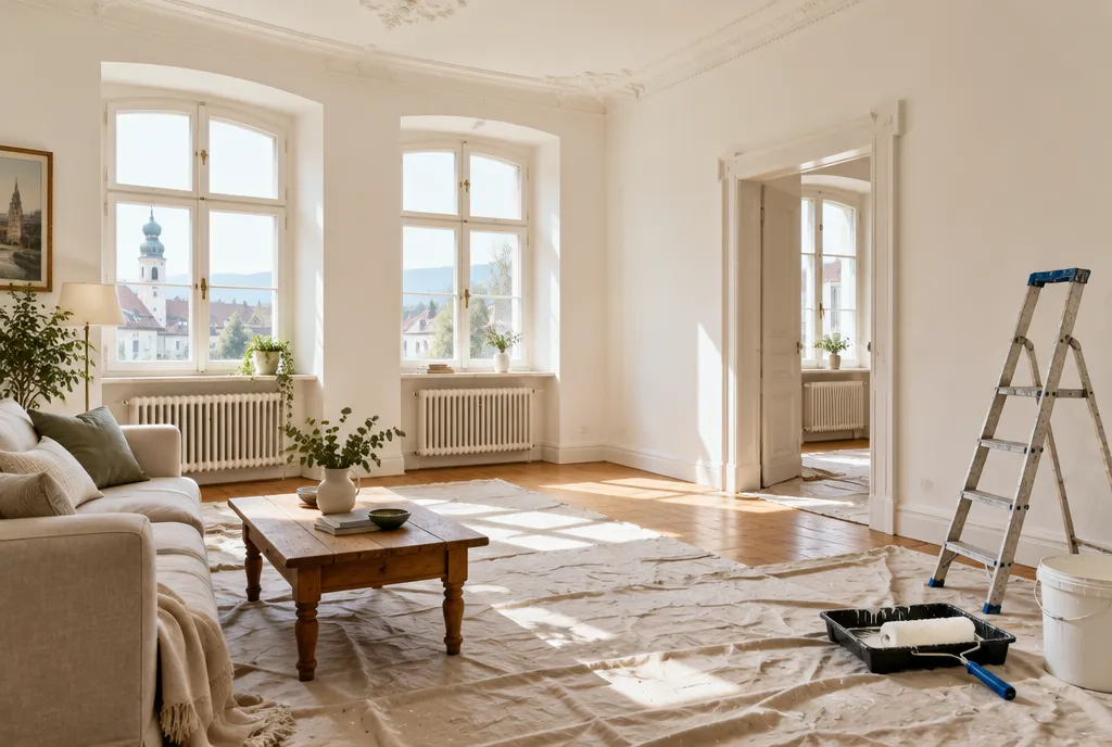 Frisch gestrichener Altbau-Wohnraum mit hohen Fenstern, der Boden mit Abdeckvlies geschützt