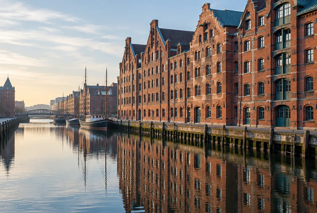 Backstein-Speicher am Hamburger Hafen im Morgenlicht, davor ein ruhiges Fleet mit Spiegelungen und vertäuten Booten