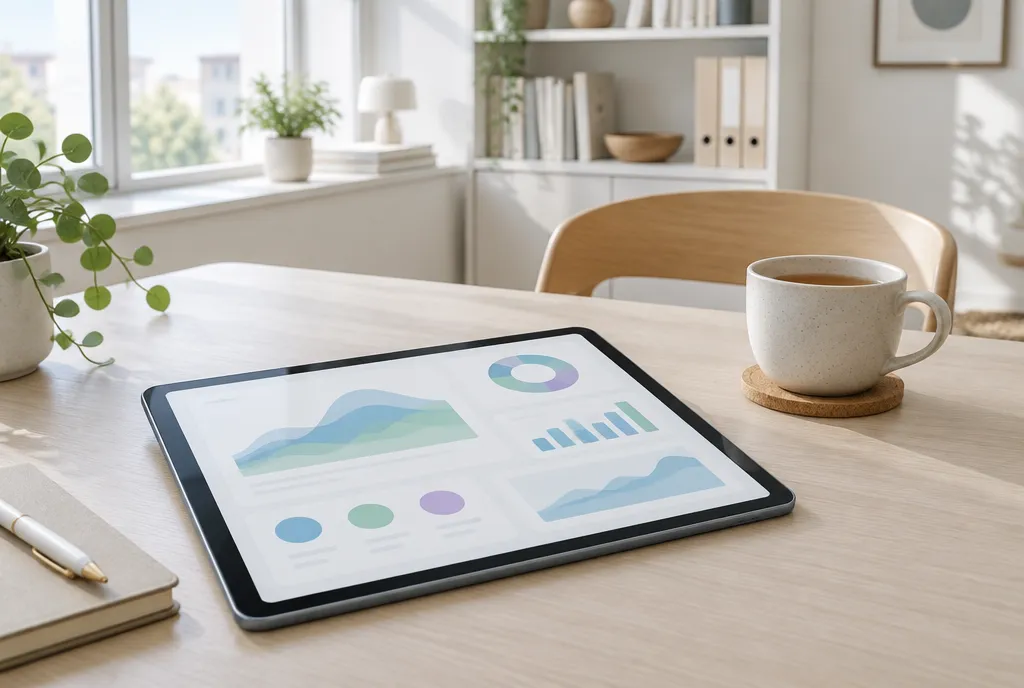 Tablet mit abstrakter Auswertung in Diagrammen auf einem hellen Holztisch, daneben eine Tasse Tee und ein Notizbuch