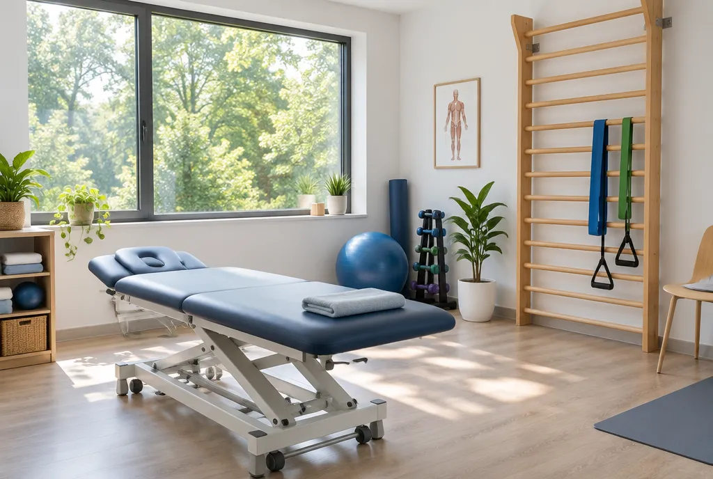 Behandlungsraum mit blauer Therapieliege, Sprossenwand mit Übungsbändern, Gymnastikball und Fenster mit Blick auf Bäume
