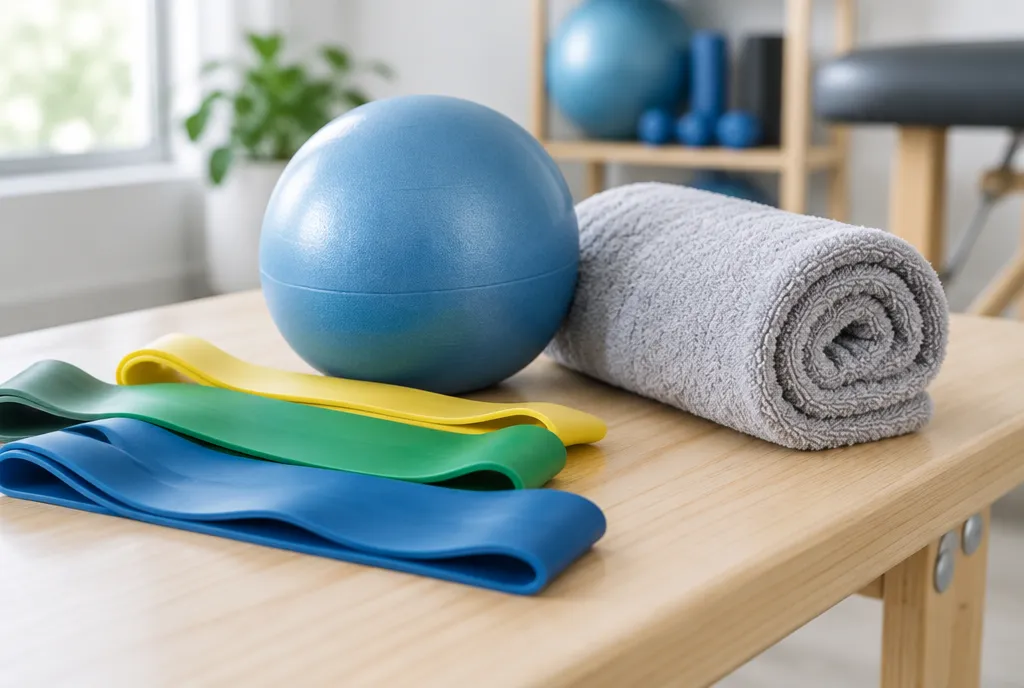 Übungsbänder in Blau, Grün und Gelb, ein blauer Gymnastikball und ein gerolltes Handtuch auf einer Holzbank