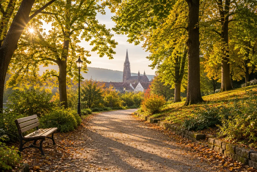 Herbstlicher Parkweg mit Holzbank und Laterne im warmen Abendlicht, im Hintergrund ein gotischer Kirchturm