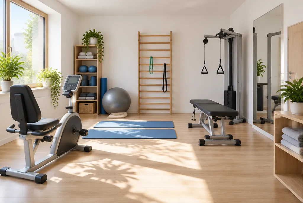 Heller Trainingsbereich mit Ergometer, Hantelbank, Seilzug, Sprossenwand und Übungsmatten im Sonnenlicht