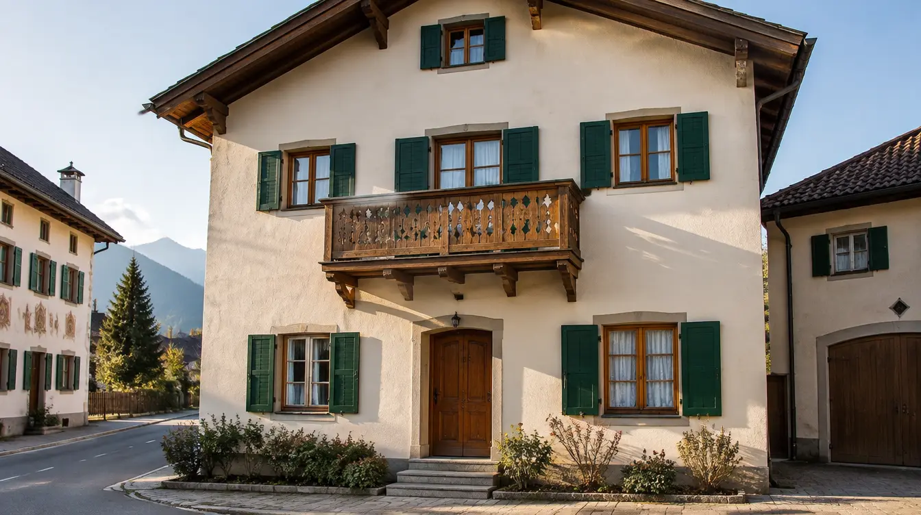 Frisch gestrichene Fassade eines alten Wohnhauses mit grünen Fensterläden und Holzbalkon