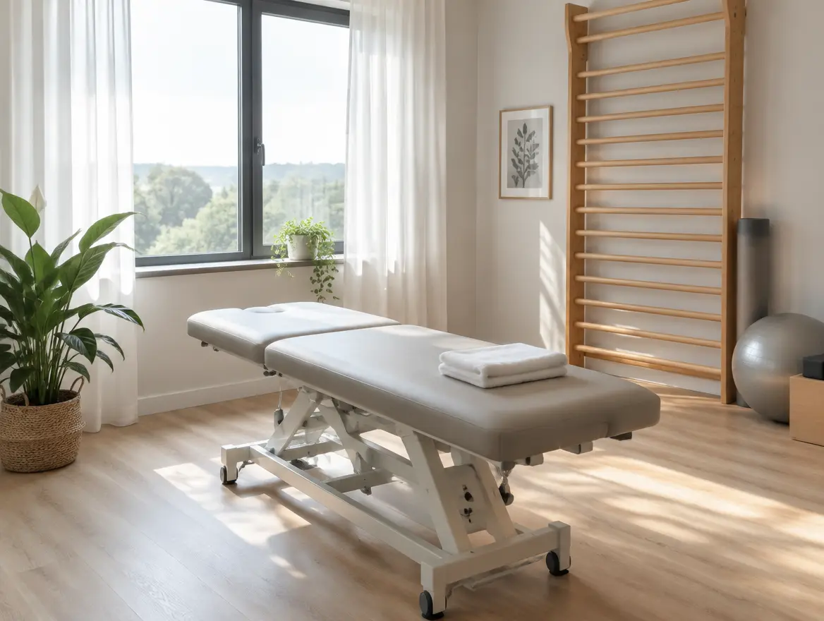 Heller Behandlungsraum mit Therapieliege, gefaltetem Handtuch, Sprossenwand und großem Fenster ins Grüne
